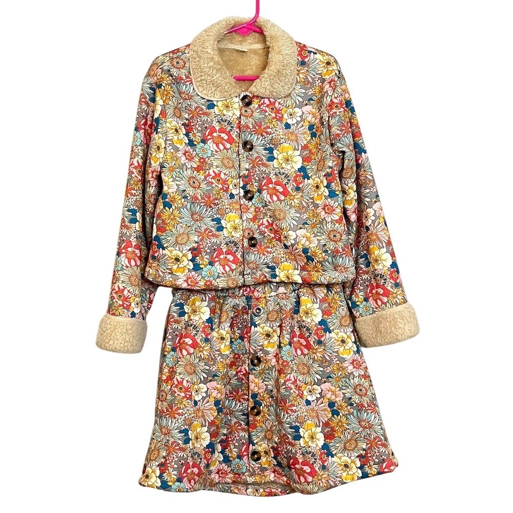 Girls Boho Floral Jacket & Button Skirt Set Picture Day Fall Winter Cozy Holiday